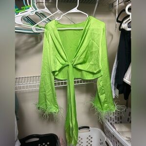 Vibrant Green Tie-Front Top with Feather Cuffs
